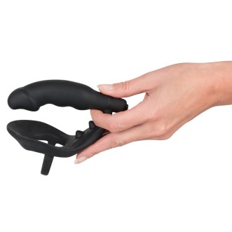 Cockring met Testikel Bijlage en Vibrerende Anale Plug in Zwart Silicone Velvets 10.3 x 3.3 cm Zwart