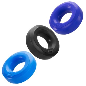 Set van 3 Cockrings in Plus+Silicone Hünkyjunk Zwart, Blauw en Lichtblauw.