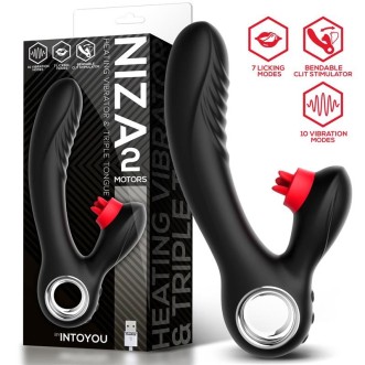 Konijn Vibrator in Silicone met Clitorale Licker en Verwarming NIZA 18.5 x 3.5 cm Zwart Oplaadbaar