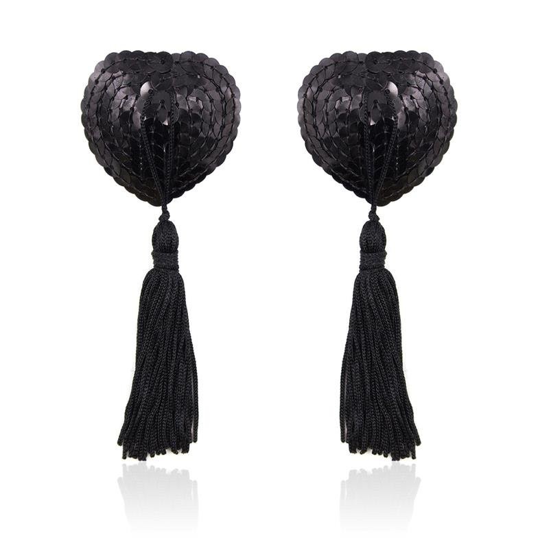 Nipple Covers Adesivos com Lantejoulas e Franjas LateToBed Linha BDSM Preto