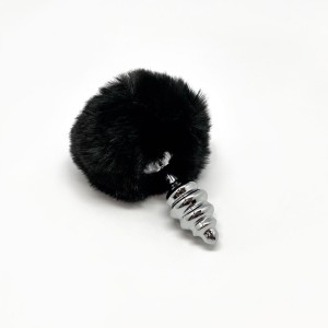 Plug Anal de Metal com Pompon Preto FLUFFY TWIST S 7 x 2.8 cm Prata
