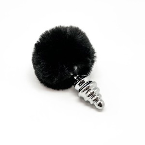 Plug Anal de Metal com Pompon Preto FLUFFY TWIST M 8 x 3.4 cm Prata
